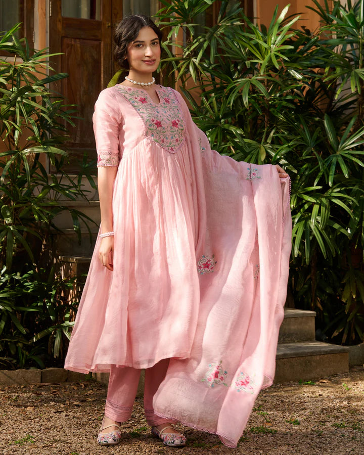 Pink Floral Embroidered Cotton Suit Set Title comes here