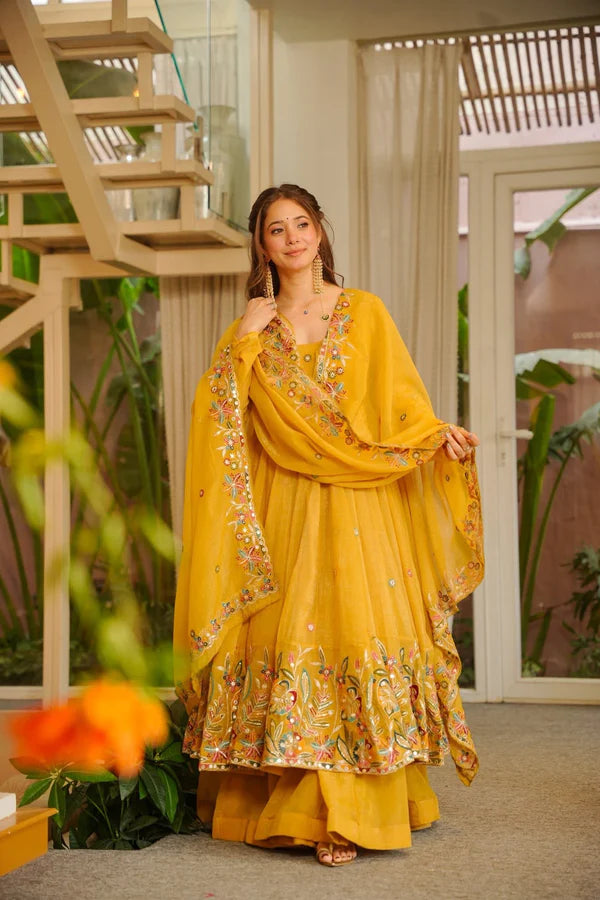 Nivriti Yellow Organza Anarkali Suit Set