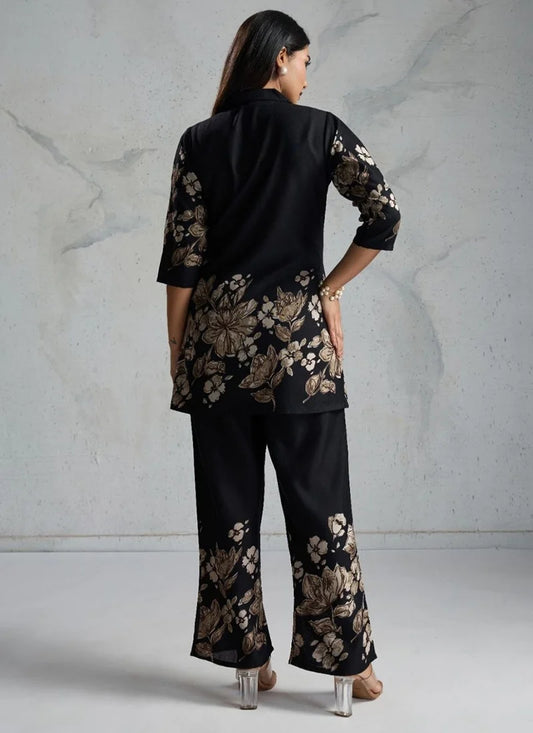 Black Viscose Rayon Floral Print Co Ord Set After Six Wear