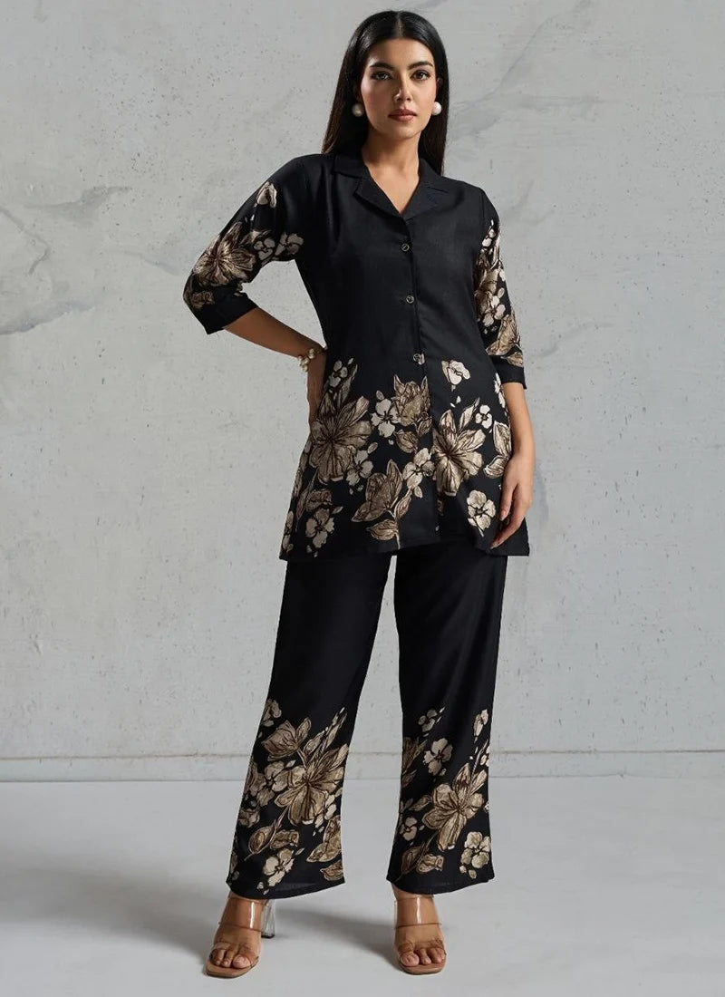 Black Viscose Rayon Floral Print Co Ord Set After Six Wear